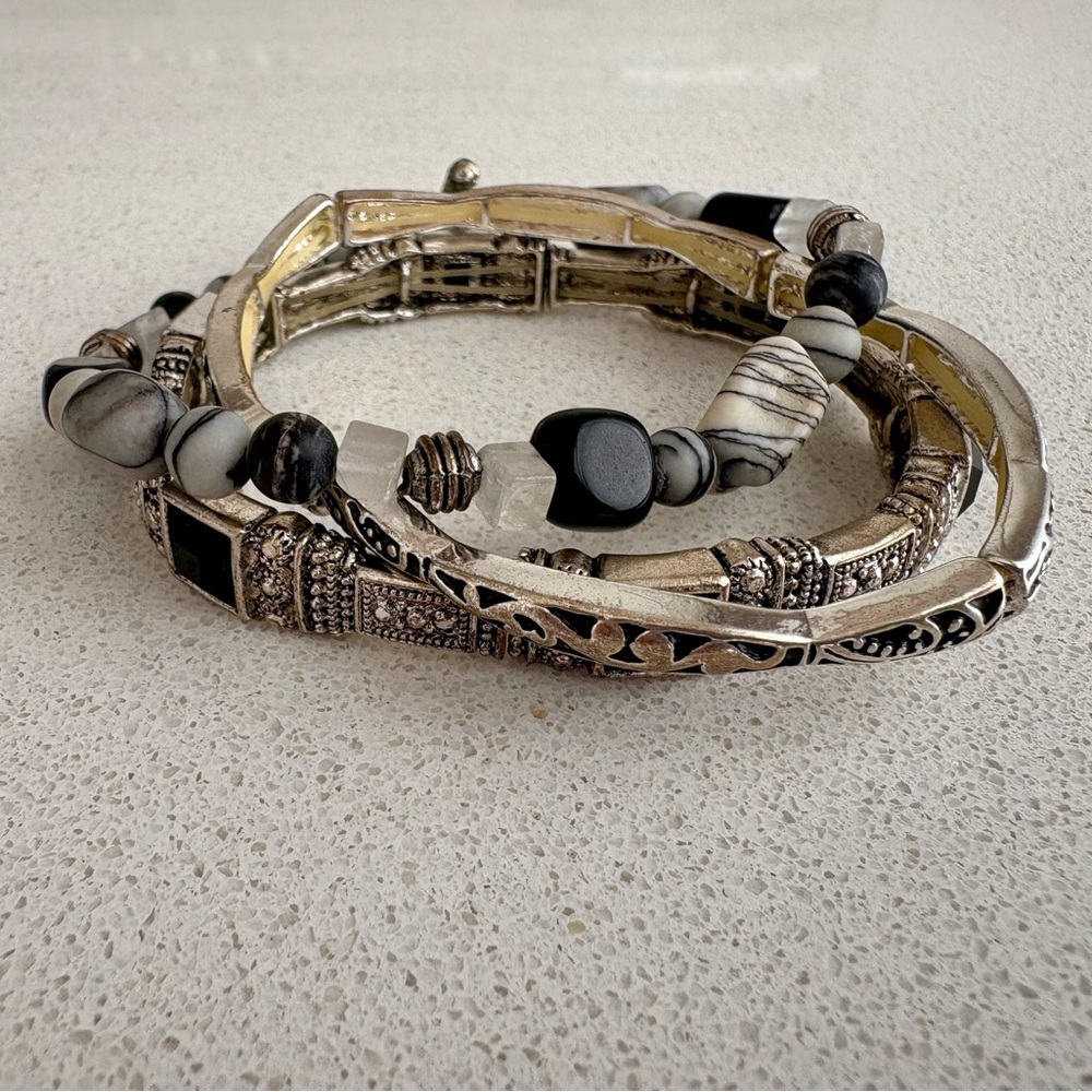 Silver-Tone Black & White Beaded Multi-Row Bracelets (3)